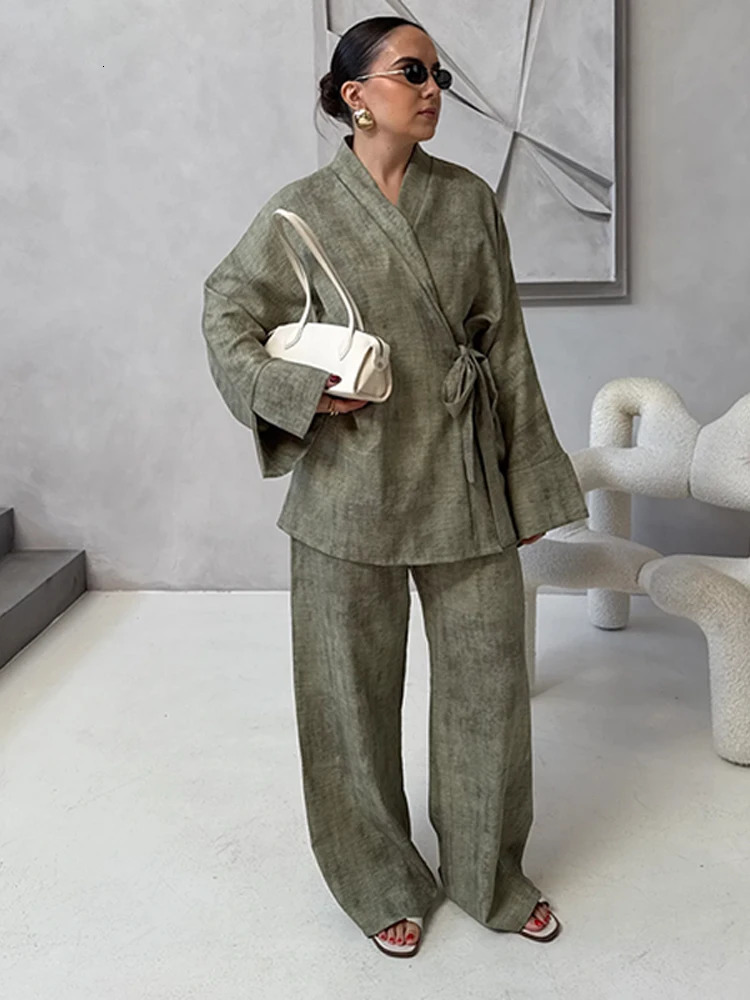 Women s Pant Suit V-neck Lace Up Long Sleeve Oversize Top High Waist Wide Leg Pants Female Outfits 2025 Summer Lady Beach Sets 250728
