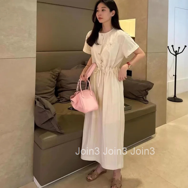 Korean Dongdaemun Summer Commute Fashion round Neck Drawstring Waist Short Sleeve Dress Womens Style Princess Sleeve Polo