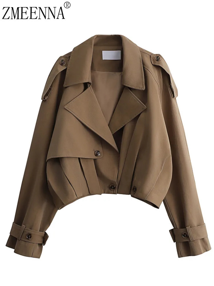 ZMEENNA Womens Stylish Cropped Trench Coat 2025 Fashion Short Jacket With Lapel Collar And Belted Cuffs For Spring ZM1086 250804