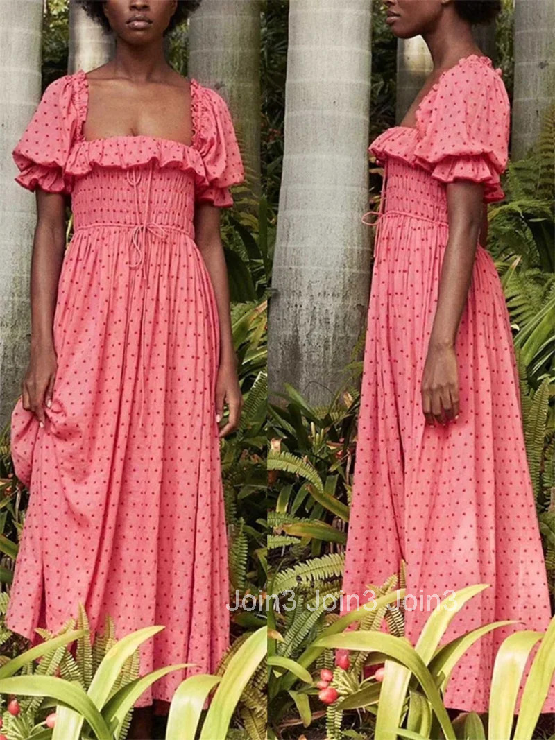 Womens Elastic High Waist Dress Short Sleeve Polka Dot Embroidery Ruffle Square Collar Lady A-Line Mid-Length Robe