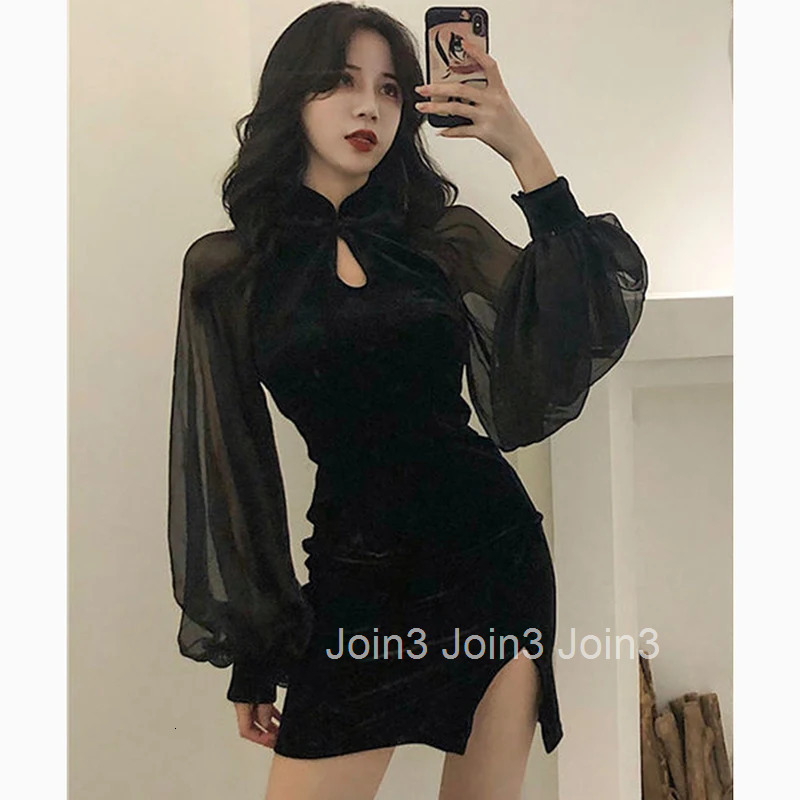 Autumn Sexy Women Dress Lace Patchwork Slim Lantern Sleeve Female Mini Dress High Waist Slit Stand Collar Mandarin Ladies Dress