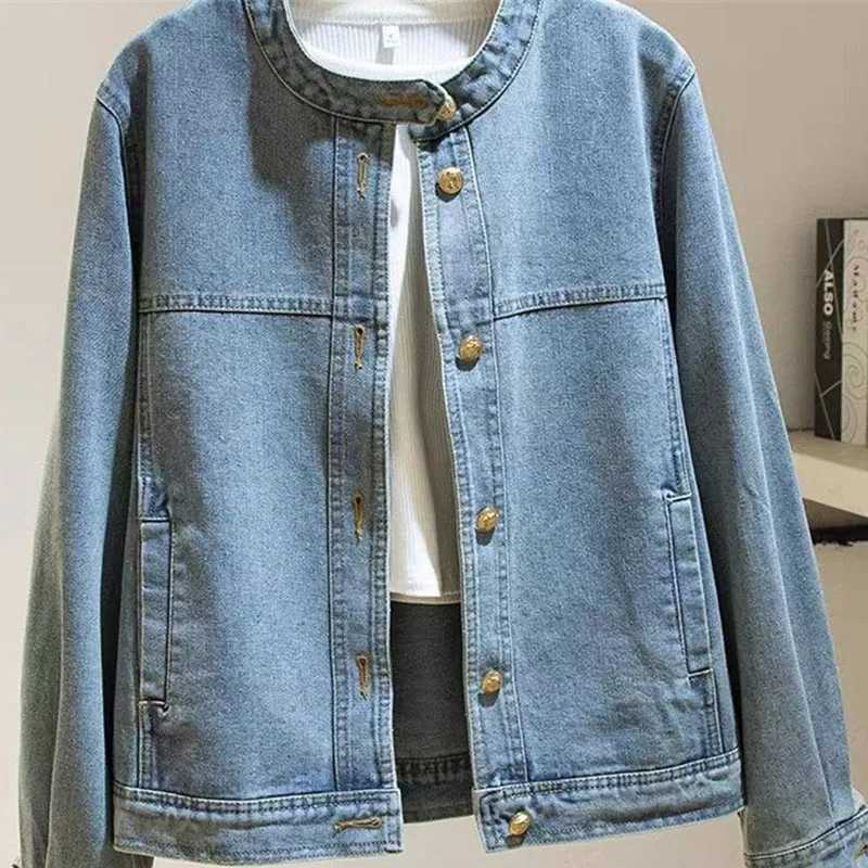 2025 Retro Lady Stand-up Collar Jeans Top Outerwear Femme Leisure Short Denim Coat Spring Autumn Women Long Sleeves Cowboy Jacket Z250804