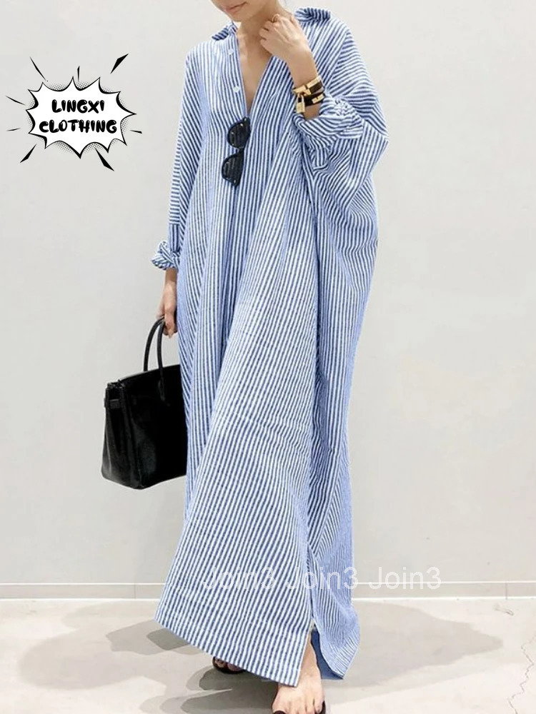 Summer New Womens Robe Fashion Stripe Single Breasted Shirt Loose Casual Style Elegant Womens Cotton and Hemp Long Dress