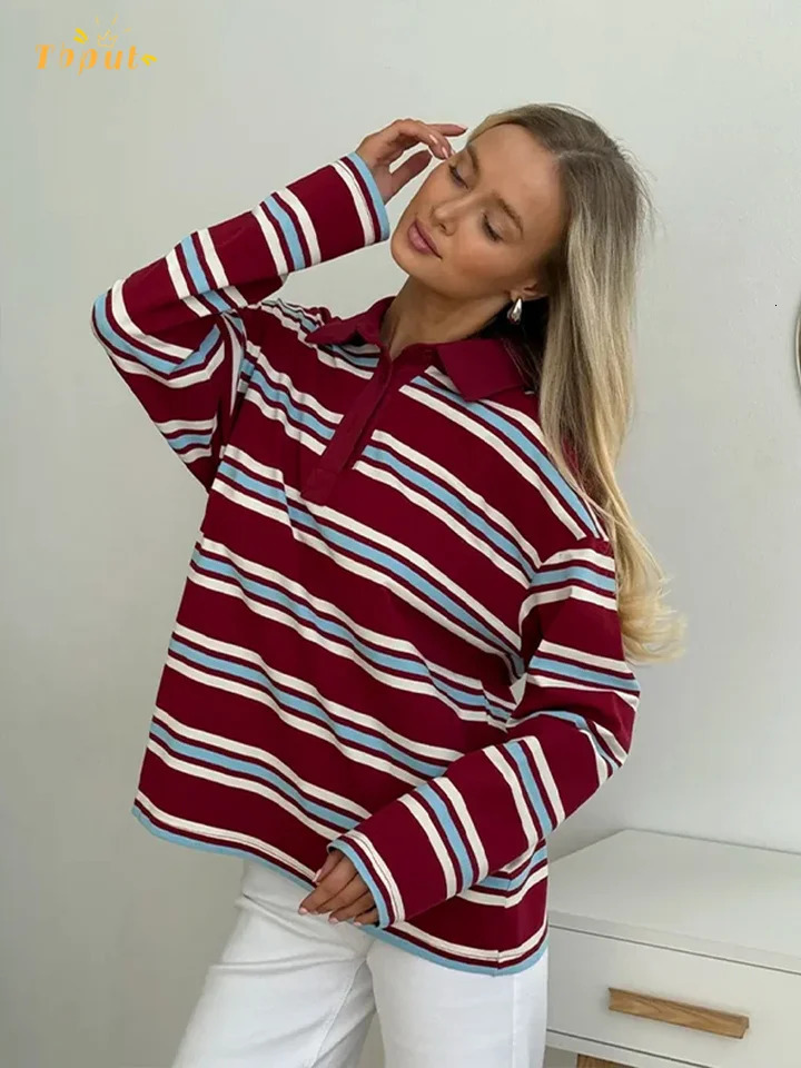 Contrasting Stripes Trendy Oversized Polo Collar Shirt Womens Long-sleeve V-neck Button-up Casual Top Urban Street Style Tops 250804