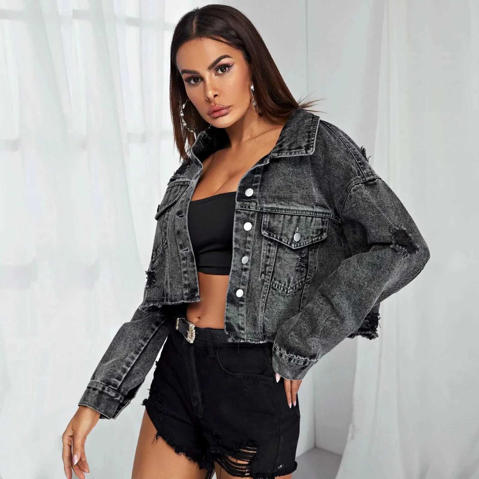 Donsignet Womens Jeans Jacket Spring Autumn New Fashion Burr Hole Denim Coats Button Pockets Long Sleeve Black Casual Tops Z250804