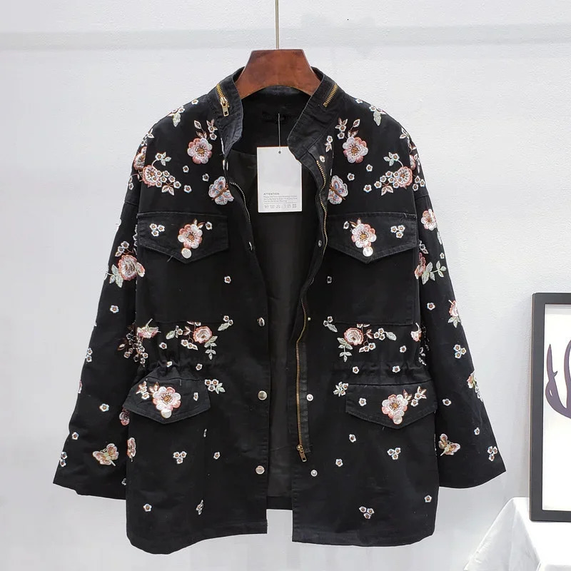 Spring Loose Beading Embroidery Flower Baseball Jacket Women Autumn Chic Long Sleeve Short Coat Windbreaker Female Streetwear 250804