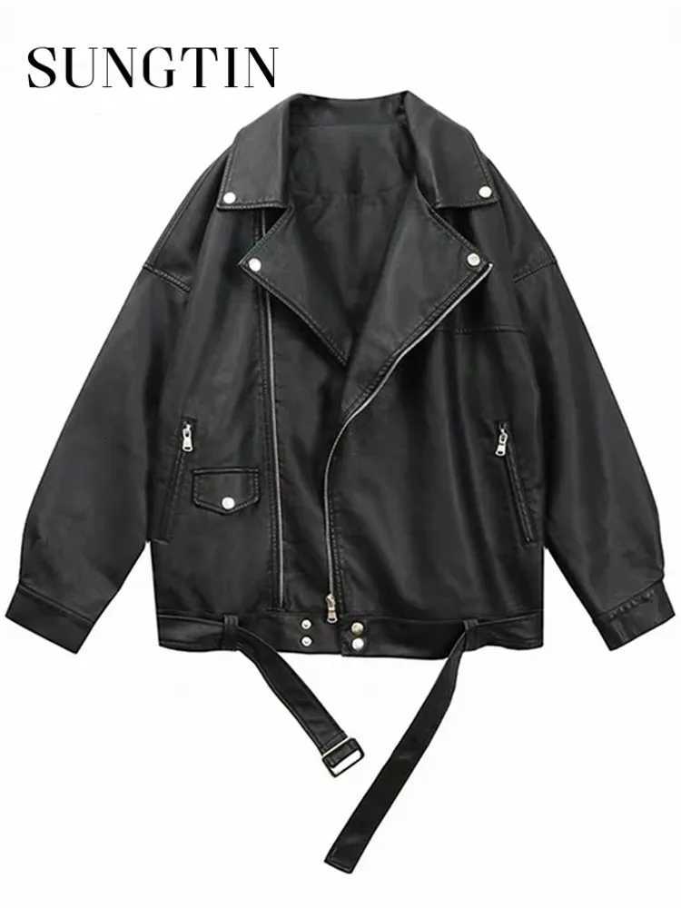 Sungtin Women Loose Pu Leather Jacket Black Soft Faux Leather Jacket Street Moto Biker Leather Coat Jacket for Women Casual Outerwear Z250804