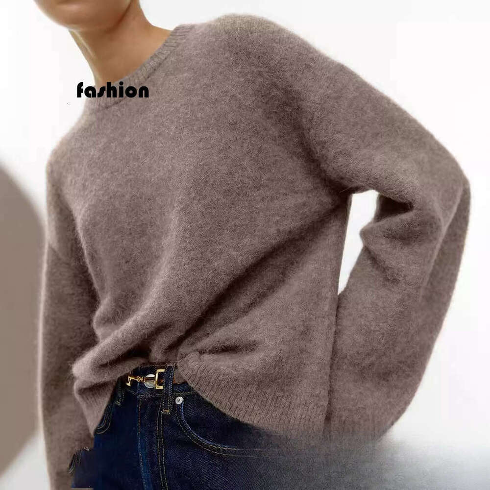 Autumn Winter American Style Lazy Soft Gray Pullover For Women, Loose Thickened Cashmere Round Neck Knitted Sweater B5 b7