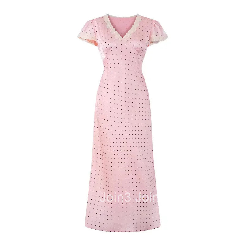 French Lace Trim V-neck Short Sleeve Polka Dot Dress Summer New Waist-cinching Slimming Sexy Long Dress Womens Fashion