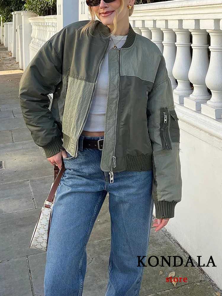 Kondala Streetwear Army Green Bomber Jackets Women Patchwork Zipper Pockets Oversized Jackets Fashion 2025 Winter Spring Coats Z250804