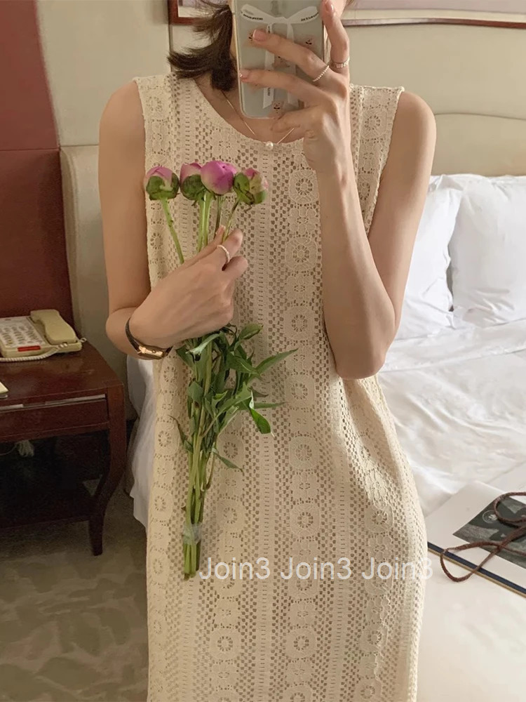 Chic Summer Gentle Retro round Ne Lace Hollow out Hook Flower Loose Casual Womens Vest Dr Korean Sle High Waist Long ...