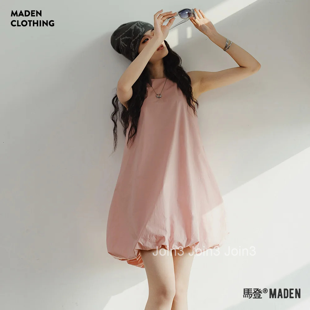 Maden Pink Pod Dress for Women Sleeveless Vest Dress Round Neck High Waist Puffy Summer Solid Color A-line Dresses Cute Skirt