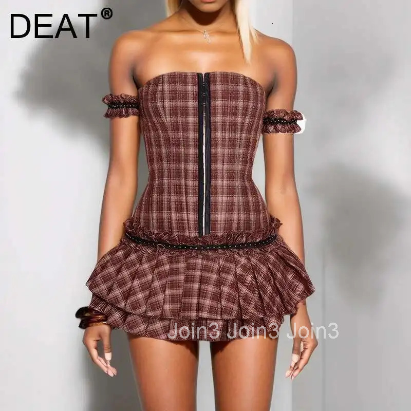 Spring New Arrival Fashion Strapless Plaid Sleeveless Dresses For Women Trendy Wrinkle Short Dress Female 11A02458