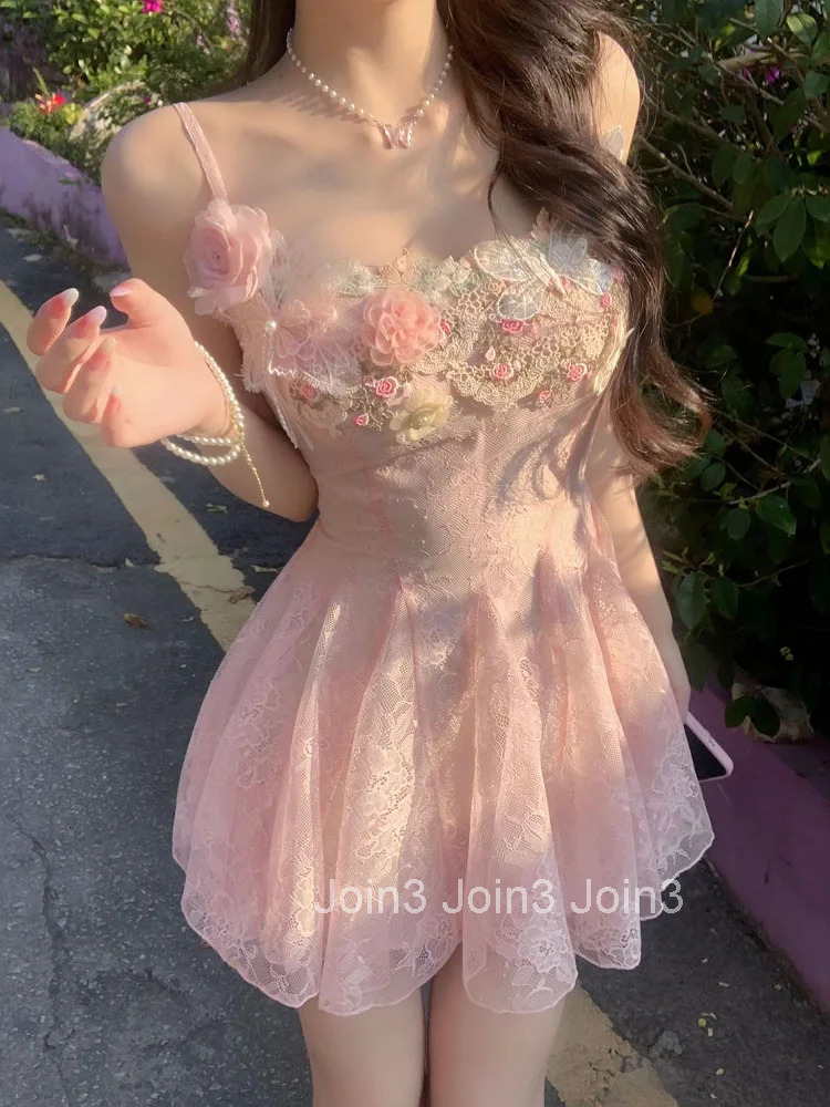 French Sweet Floral Lace Mini Dress Women Beach Style Evening Party Clothing Summer Slim Vintage One Piece Dress Korean Fashion