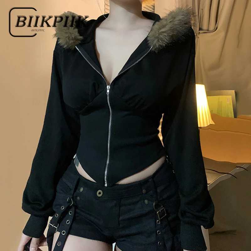 BIIKPIIK Fur Collar Hooded Women Coats Casual Zipper Slim Hoodies Simple All-match Black Harajuku Coat Autumn Winter Sweatshirts Z250804