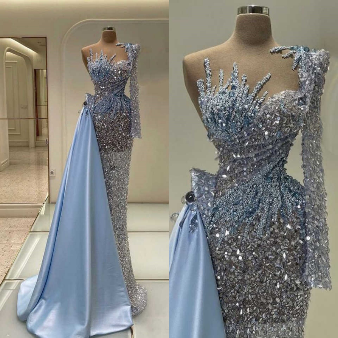 Stylish Mermaid Prom Dress Beading Pearls Sequins Evening Dresses with Detachable Train Party Dress Formal Occasion vestido de novia Customized L241