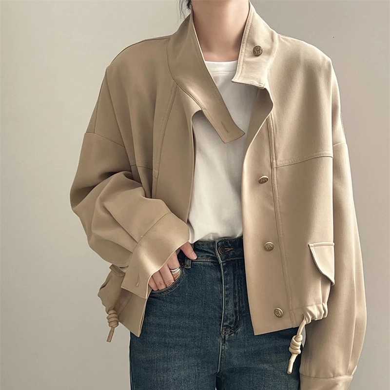 Women Short JaCKet 2025 New Spring Autumn locomotive JaCKet Casual WindbreAKer Stand Collar Drawstring Trench Coat Z250804