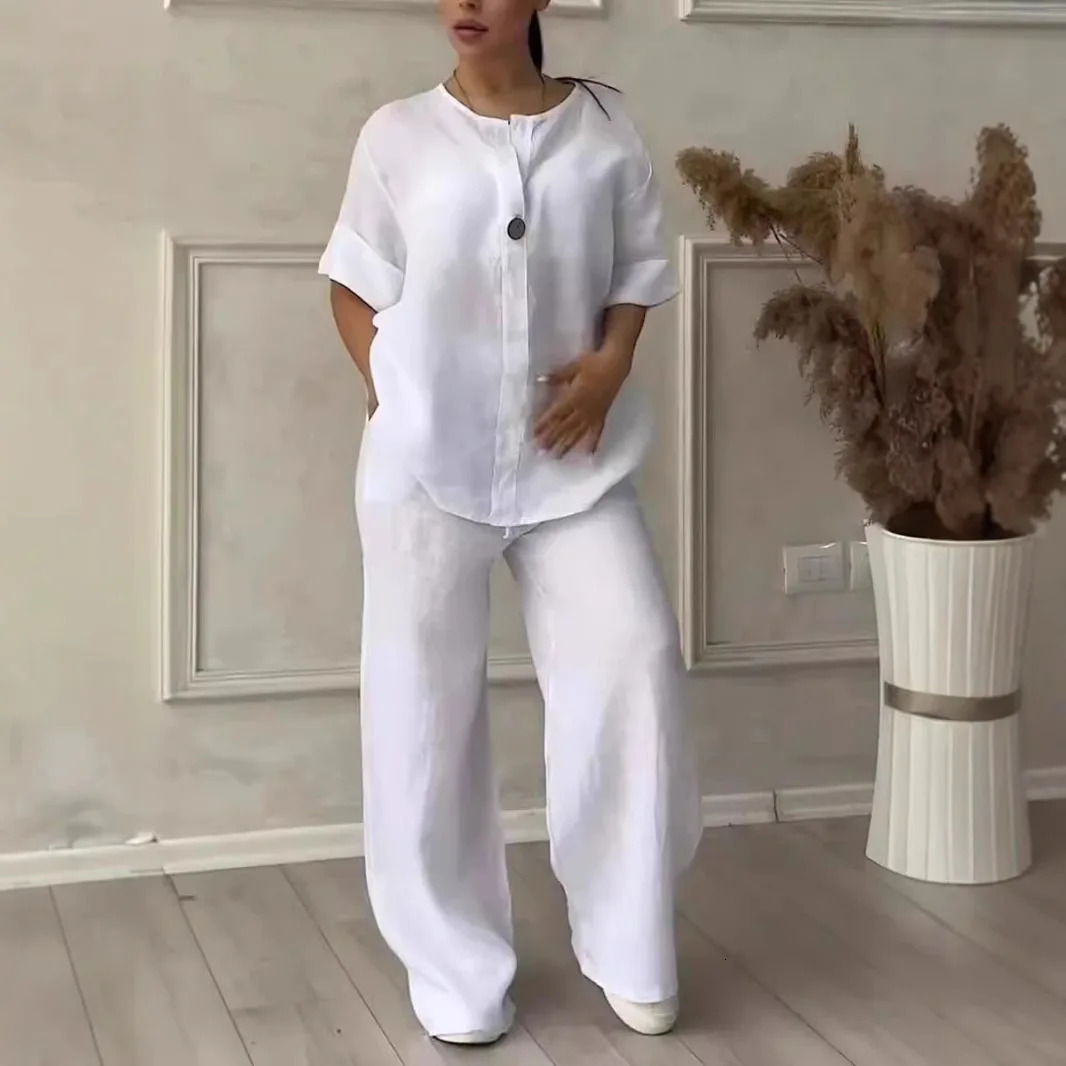 Comfortable Loose Cotton Linen Womens two pieces set Top Wide Leg Pants Casual Fashion Set Suits Spring Summer Wear Outfits 250728