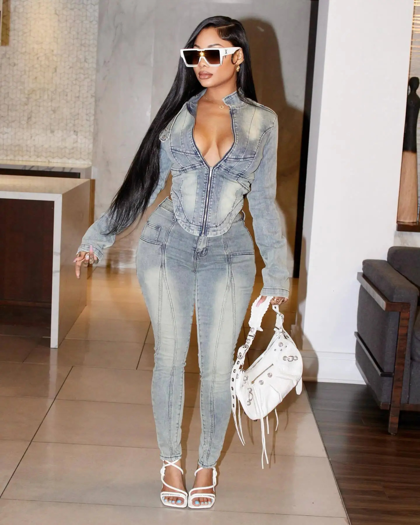 Streetwear Autumn Jeans Pants Outfit Sexy Women Two Pieces Elegant Denim Club Matching Set JacketTrousers 250728