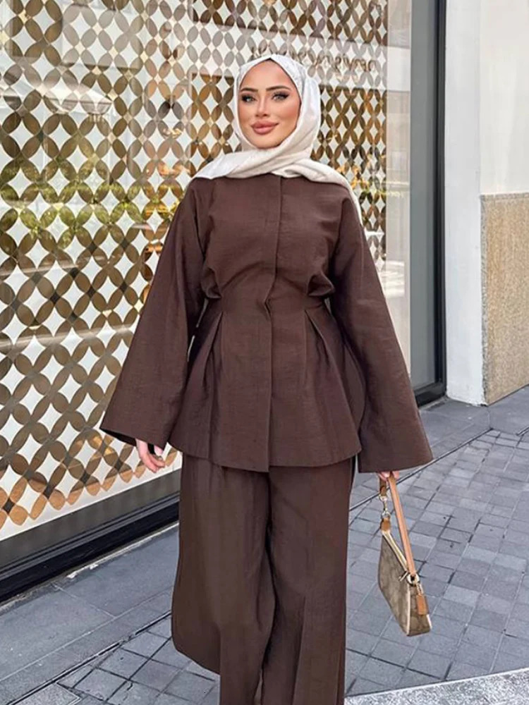 Casual Womens Waist-Closed Trouser Suit Long Sleeve Button Pleated Wide Leg Pants Lady Set 2025 Autumn Fashion 2 Pieces Set 250728