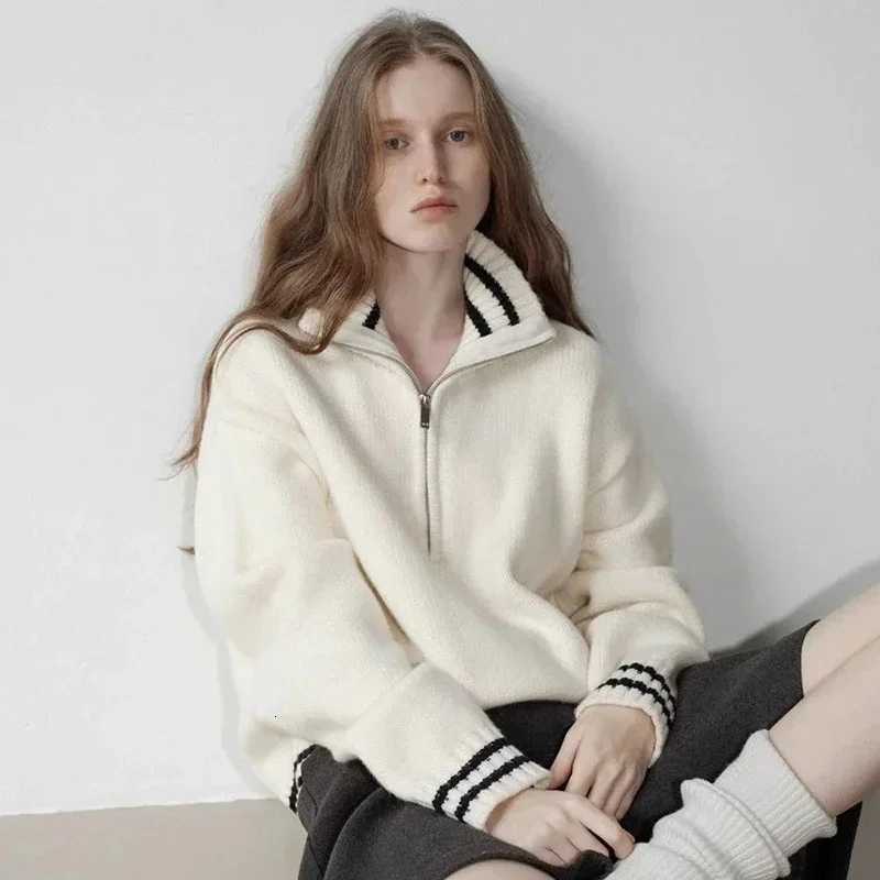 Vintage French Striped Sweaters Jumper Women Loose Zipper Knitted Pullovers Preppy Style Fall Long Sleeve Female Cute Sweet Top Z250804