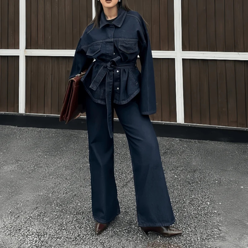Chic Denim 2 Piece Set Women Lapel Single Breasted Jackets With Belt Straight Pant Female Jeans Outfit 2025 ensemble jean 250801