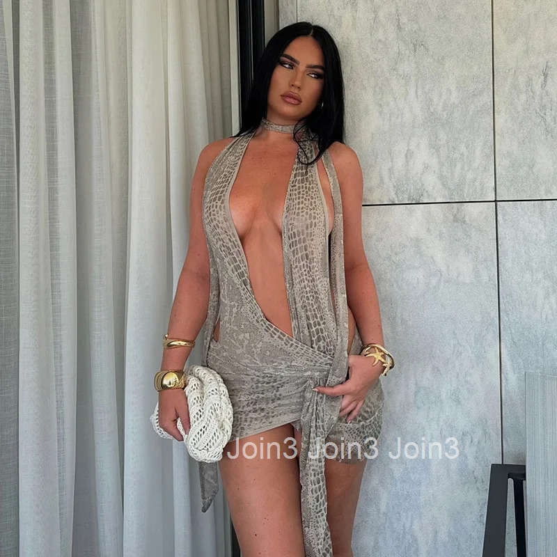Combhasaki Summer Womens Sexy Coquette Y2K Snake Print Halter Deep V-Neck Backless Sheer Transparent Short Mini Bodycon Dress