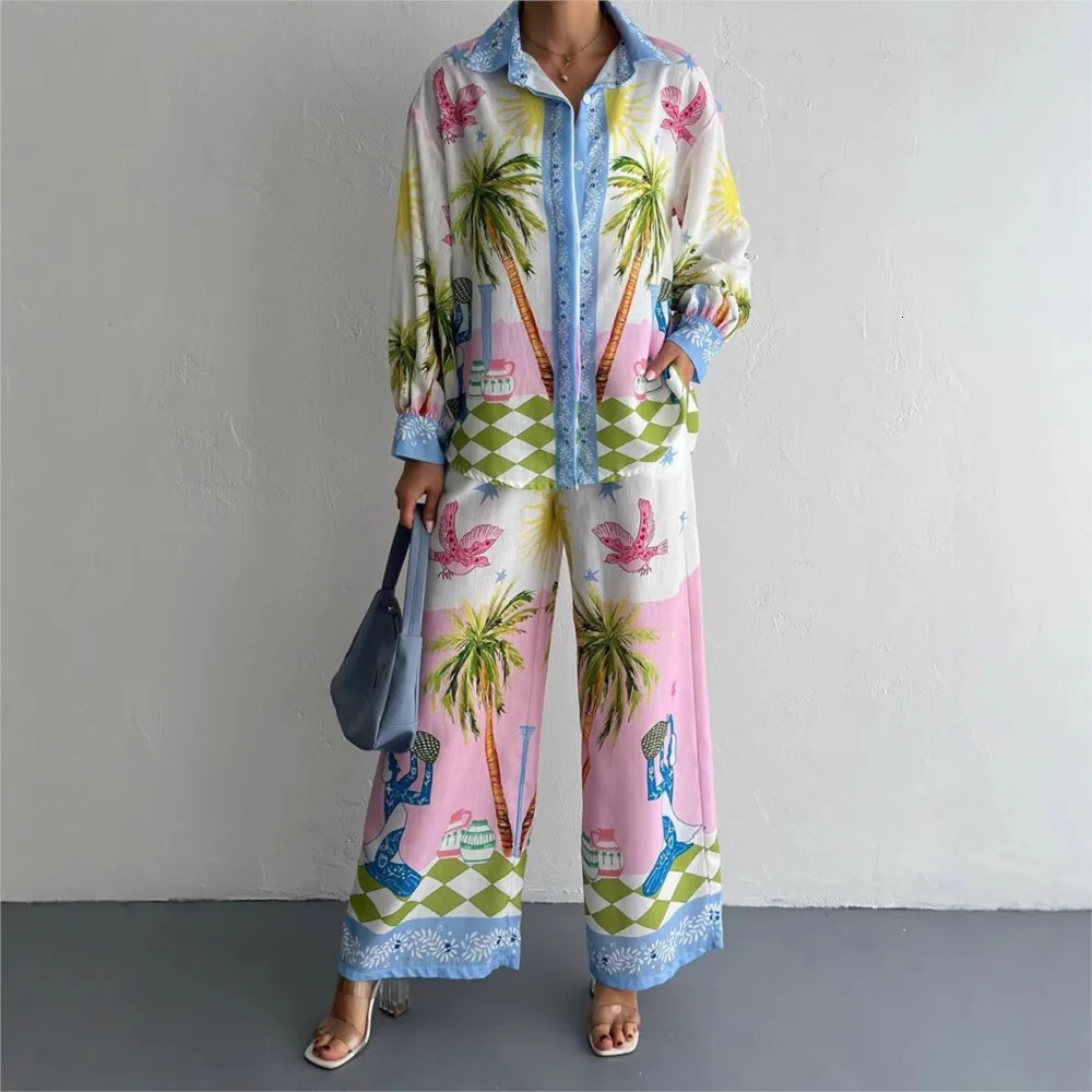 Fashion Seaside Printed Linen Long-sleeved Shirt Womens Set Spring Autumn Casual Loose Wide-leg Trousers Female 2-piece Set 250728