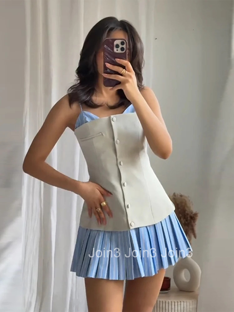 Patchwork Contrast Color Pleated Mini Dress Women Chic Strap Sleeveless Backless Single Breasted Dresses Spring Lady Robe