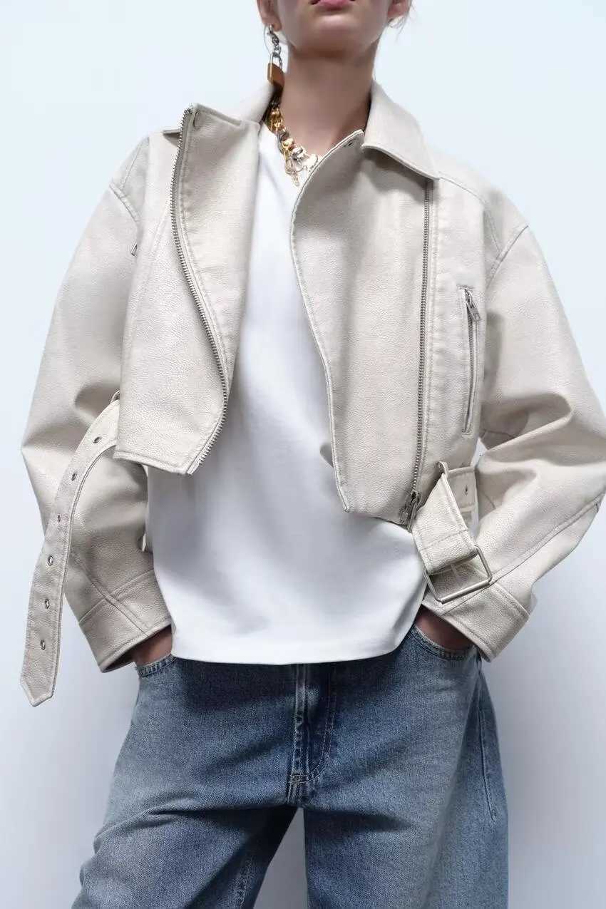 2024 Spring New Imitation Leather PU Motorcycle Style Grinding White With Belt Jacket Leather Clothing for Women Z250804