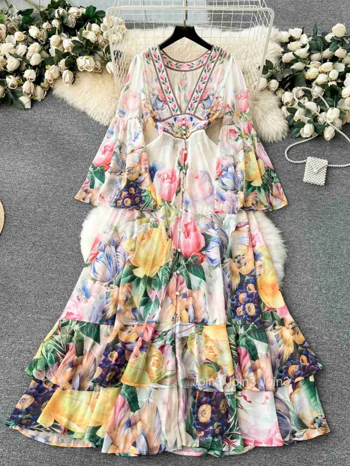 Ele European Vintage Court Sle Long Sve Womens Dr Slim Fit Chiffon Bell Sve Gown High Waist A-Line Skirt
