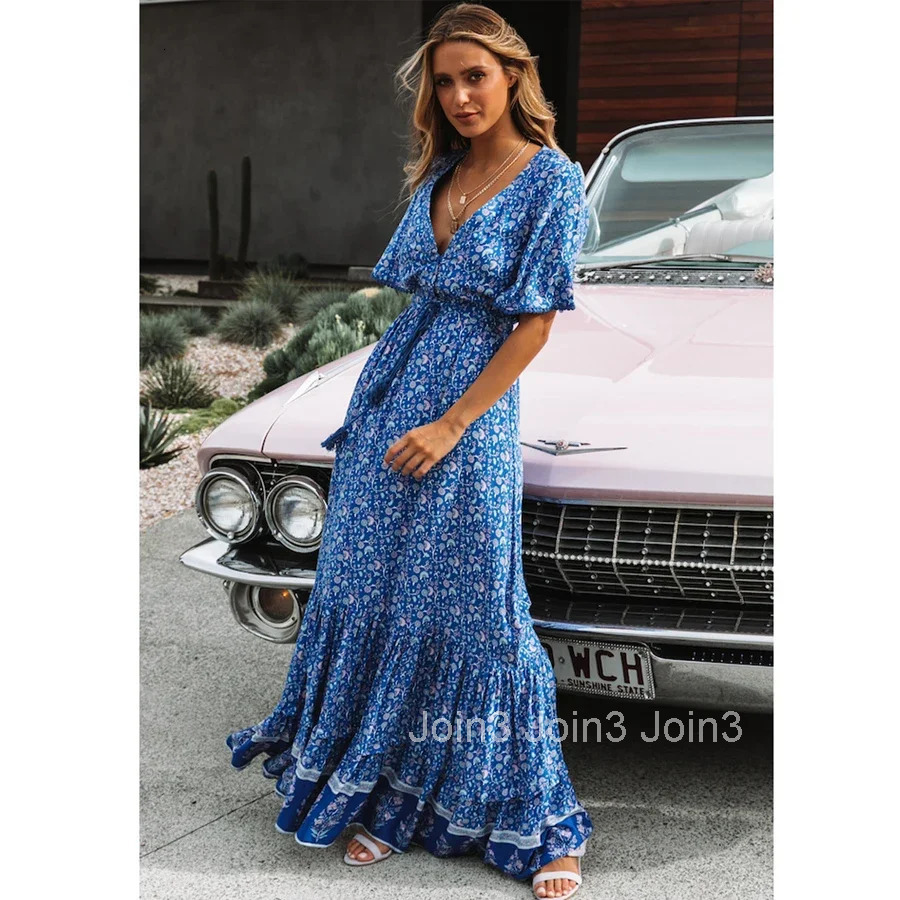 Maxi Dresses for women Cotton Rayon blue Floral print sexy deep v-ncek boho summer dresses loose Hippie long dress Vestidos