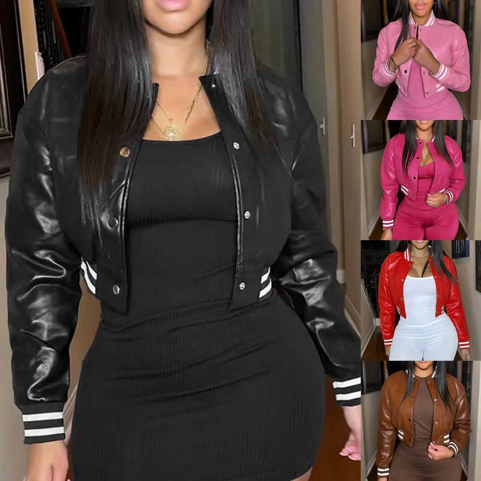 Womens Leather Baseball Jacket Button Down Long Sleeve Short Loose Fit Coats Autumn Summer Punk Jacket Casual Streetwear Z250804