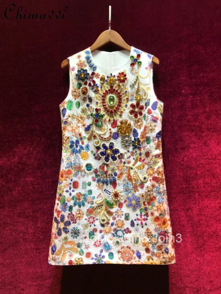 Retro Luxury High-Grade Socialite Beaded Colorful Rhinestone Printed Round Neck Sleeveless High Waist A-line Dress Women Summer