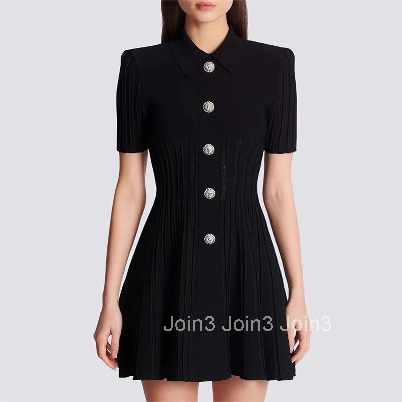 new summer womens lapel beaded button short-sleeved jumpsuit y2k high quality fashion retro A-line knitted bandage skirt