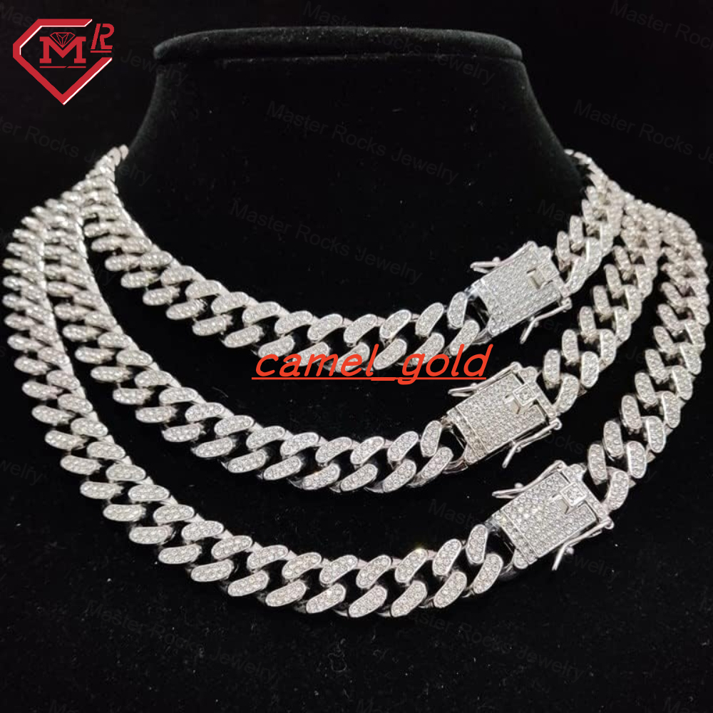 Hip Hop 12mm Cuban Chain Cuban Bracelet Set Iced Out Bezel Setting 925 Silver VVS Miami Moissanite Cuban Link Chain
