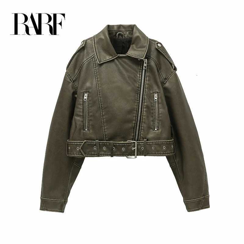 RARF New Style Womens Washed Leather Jacket with Belt Short Coat with Downgraded Zipper and Vintage Lapel Jacket Z250804