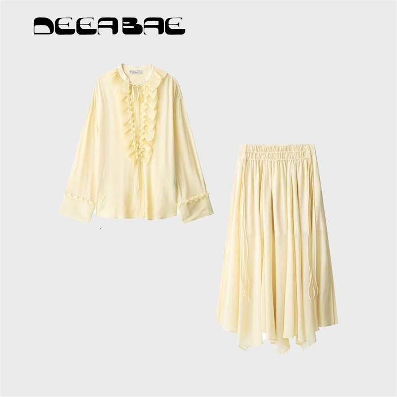 DEEABAE Womens 2025 Fashion Versatile Solid Color Long Sleeve Ruffle Fold Top Casual Half Skirt Set 250728