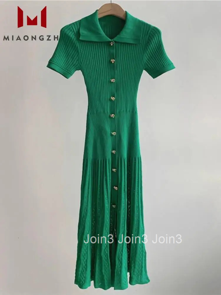Summer New Womens Knitted Dress Slim Short Sleeve Turn Down Collar Single Breasted Female Casual Vintage High Waist Dress