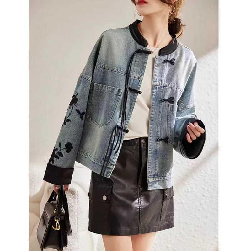 2025 New Vintage Print Denim Jacket Women Spring Autumn Fashion Long Sleeve Jeans Short Coat Female Loose Cowboy Outerwear T167 Z250804