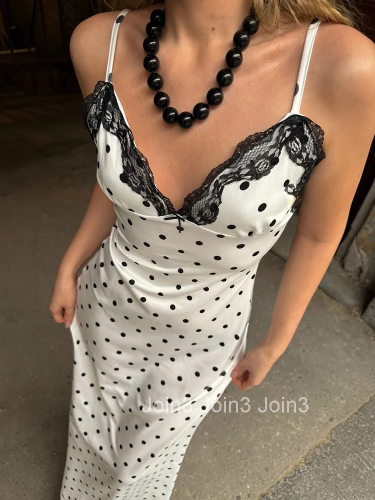 Sexy V-neck Polka Dot Suspender Dress For Women Slim French Retro LAce Splice Long Dress Female Sexy Summer Party Dress