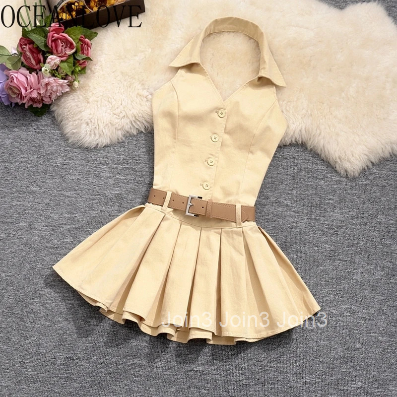 OCEANLOVE Sexy Halter Mini Dresses Solid Spring Summer Single Breasted Women Dress Korean Fashion Retro Vestidos Mujer