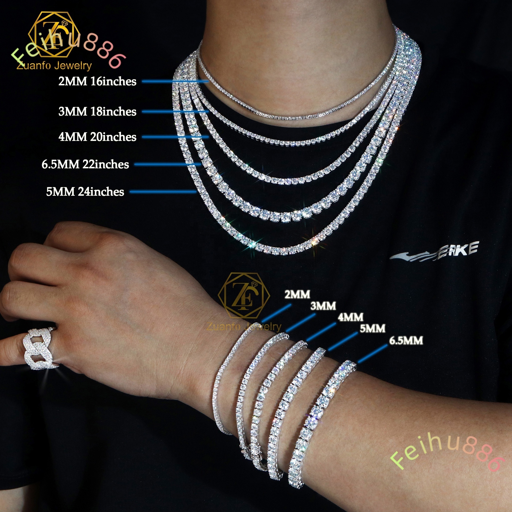 2MM 3MM 4MM 5MM 6MM Classic Necklace Fine Jewelry 925 Sterling Silver D VVS Moissanite HipHop Jewelry Tennis Necklace Bracelet