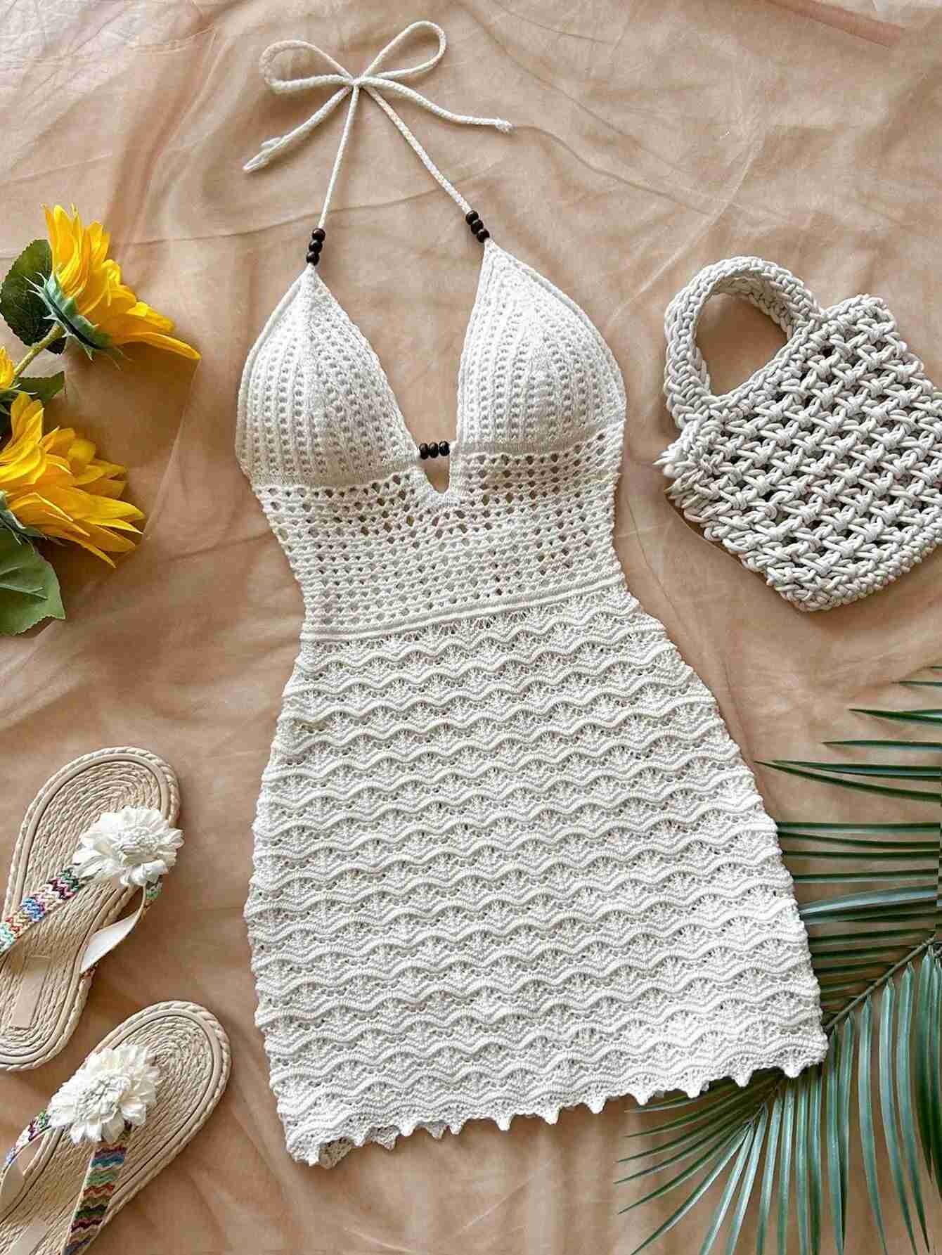 Soleia Summer Sexy V-Neck Hollow-Out Wooden Beads Fitted Dress Vacation Spaghetti Strap Backless Ombre Knitted Dress Suitable