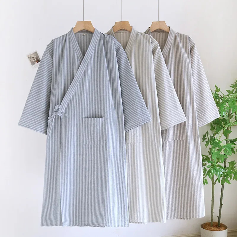 Mens Kimono Sleeping Robe Cotton Striped Printed Tied Lace Up Bathrobe with Pocket Plus Size Summer Thin Yukata Men Robes 250801