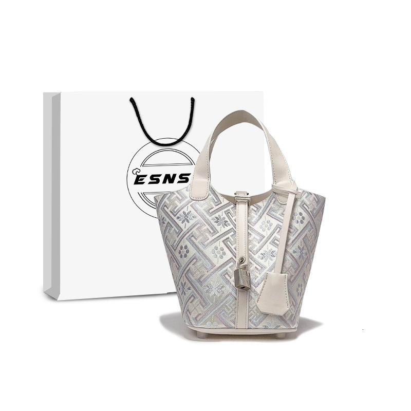 ESNSY New Chinese Ethnic Style Intangible Cultural Heritage Women's Bucket Bag Handbag Free Shipping Designer Luxury New Blue Jacquard Shopping