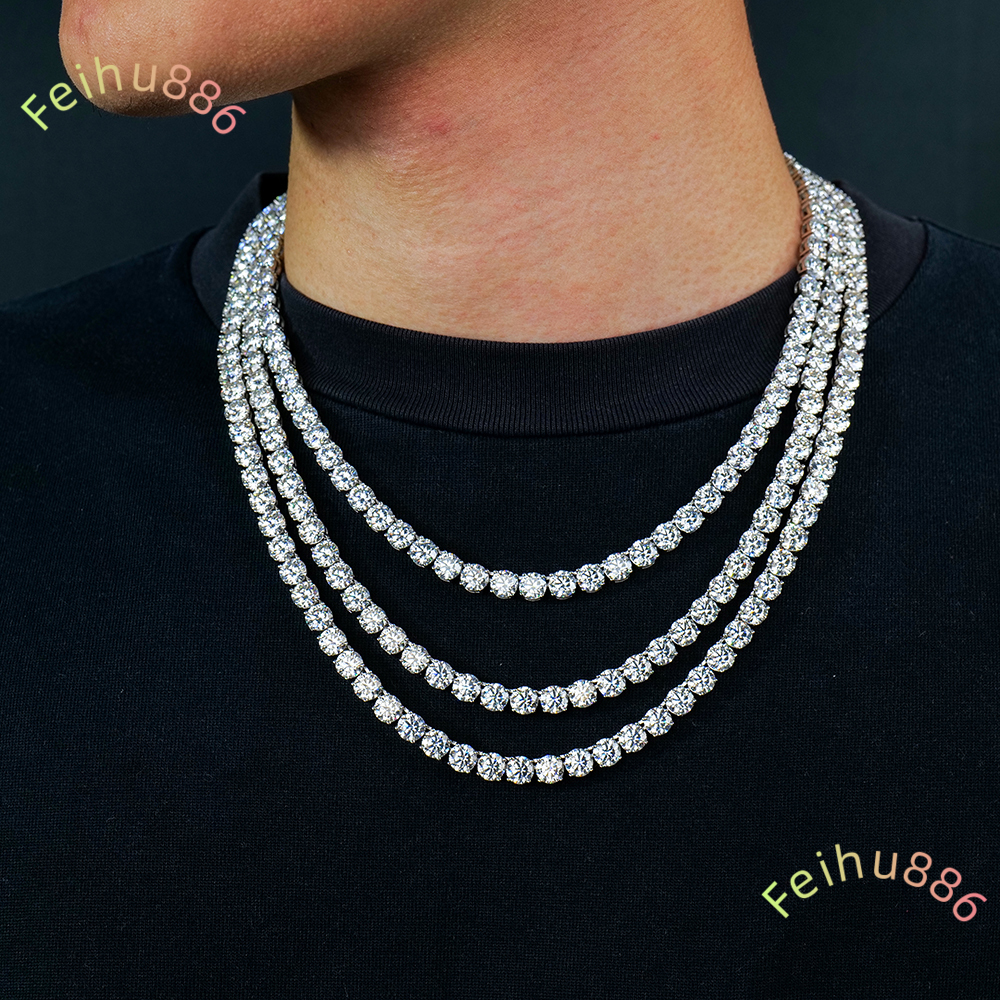 Tennis Necklace 18K White Gold Plated 6mm Round Brilliant Cut Moissanite Diamond Tennis Chain for Women and Men 16-24 Inches