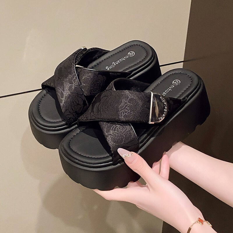 Women's Japanese-Korean Style Platform Sandals, Soft Leather-Style PU Upper, Medium Cone Heel, Thick-Heeled Design, Beaded Print, Wide Fit, Rubber O