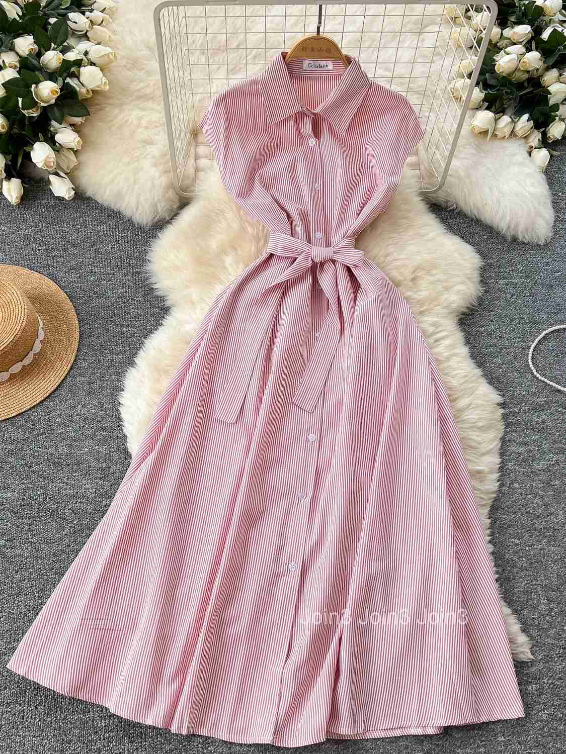 Korean Sle High Waist Stripe Wrap Waist Svel Womens Dr Single Button Slimming Long irt Dr Summer Design