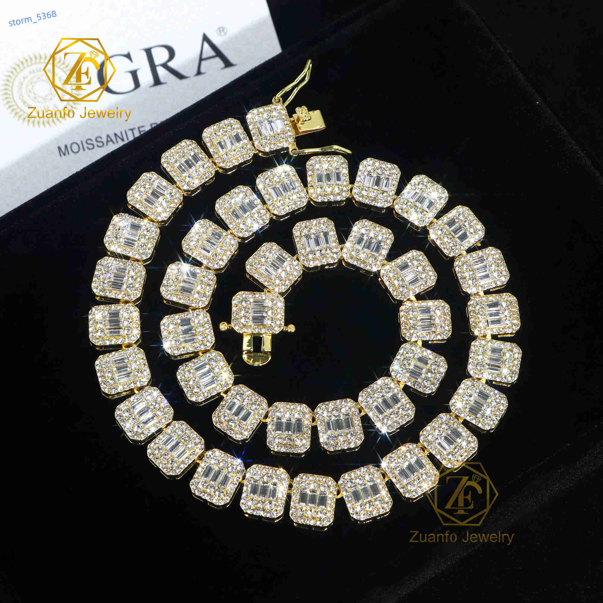 High Quality 925 Sterling Silver 18K Gold Plated Iced Baguette Diamonds Moissanite Link Chain Waterproof Necklace Bracelet